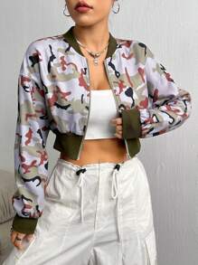 SHEIN Unity Camo Print Drop Shoulder Crop Bomber Jacket - Multicolor - View 1