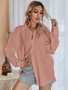 SHEIN Frenchy Solid Drop Shoulder Button Front Shirt - Dusty Pink - View 3