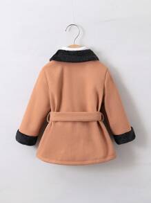 Baby Girl 1pc Contrast Binding Belted Overcoat - Brown - View 2