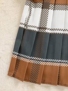 SHEIN Tween Girl Letter Graphic Pullover & Plaid Pleated Skirt - Multicolor - View 3