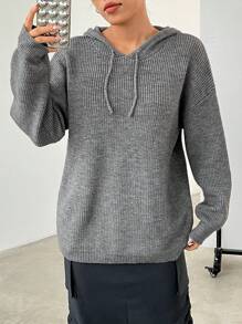 SHEIN EZwear Pull Épaule tombante À Cordon À Capuche - Gris - Voir 4
