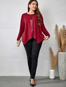 EMERY ROSE Hơn Ren tương phản Viền không đối xứng Áo thun - Màu Đỏ Sâu - Xem 5