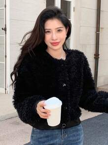 DAZY Solid Button Front Teddy Bomber Jacket - Black - View 6