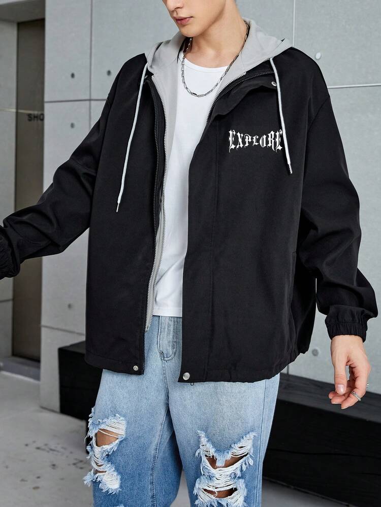 Loose-Fit Men's Letter Graphic Zipper Closure Drawstring Hooded Jacket