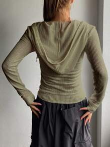 DAZY Dây kéo Dây rút áo có mũ Áo len crop - xanh quân đội - Xem 2