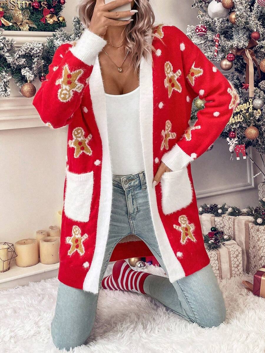 SHEIN LUNE Christmas Bear Pattern Dual Pocket Contrast Trim Dual Pocket Cardigan For New Year Clothes - Red - View 1