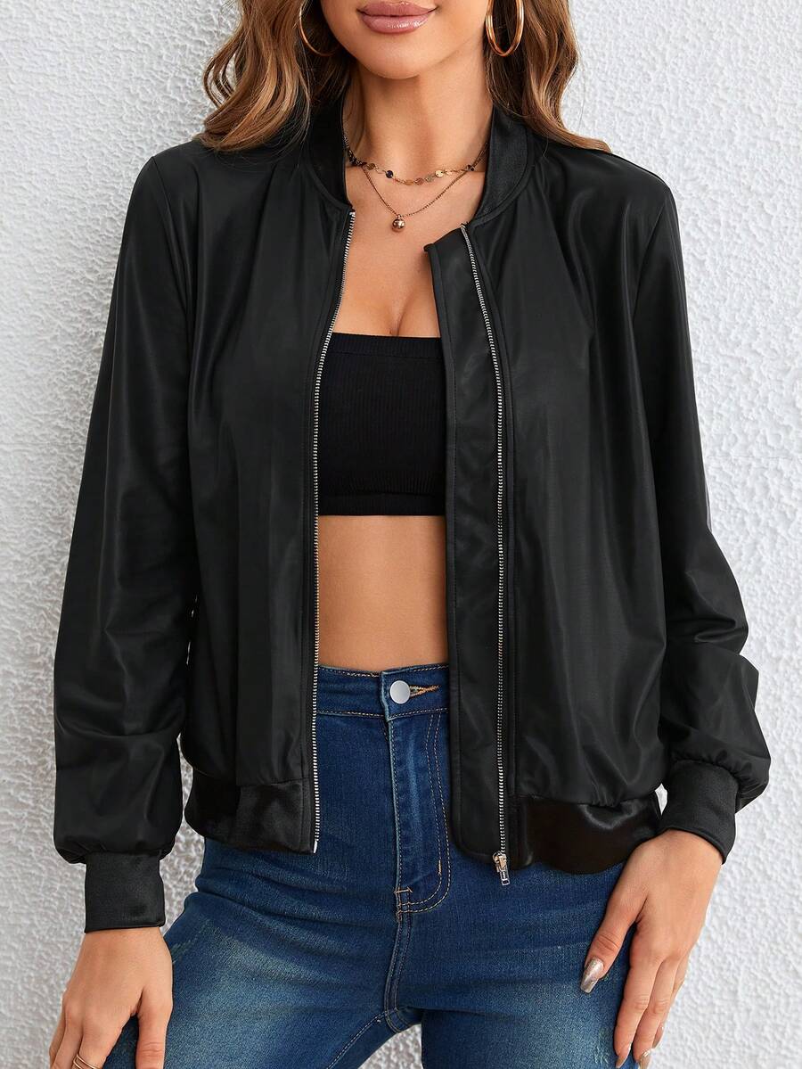 SHEIN Essnce 拉鏈開襟飛行員夾克 - 黑色 - 查看 1