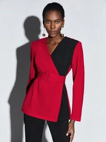 Maija Two Tone Belted Blazer - Red - View 3