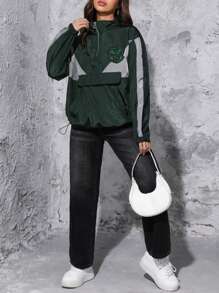 HARRY POTTER X SHEIN 圖案補丁貼撞色半拉鏈落肩袖夾克 - 彩色 - 查看 4