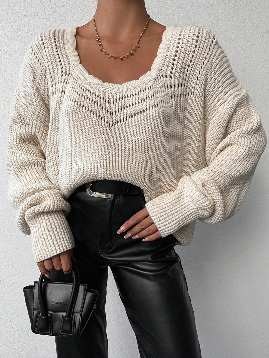 EURMUSE Scallop Trim Drop Shoulder Pointelle Knit Sweater - Apricot - View 1