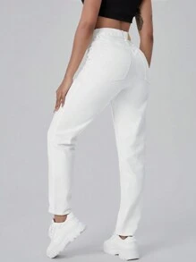 SHEIN EZwear Quần jean nữ Nút Túi Dây kéo màu trơn - trắng - Xem 2