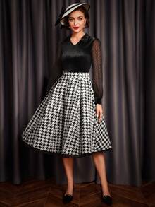 SHEIN DECDS Contrast Mesh Lantern Sleeve Velvet Blouse - Black - View 7