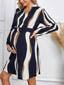 SHEIN Maternity Colorblock Belted Dress - Multicolor - View 4