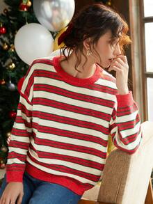 Knit Mix 條紋圖案落肩袖套頭毛衣 - 紅色 - 查看 7