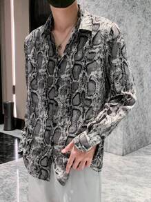 Claim Dot Men Snakeskin Print Graphic Long Sleeve Shirt For Party, Friends, Fall