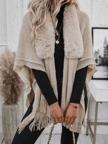 SHEIN Clasi Fuzzy Collar Fringe Trim Batwing Sleeve Duster Cardigan - Khaki - View 1