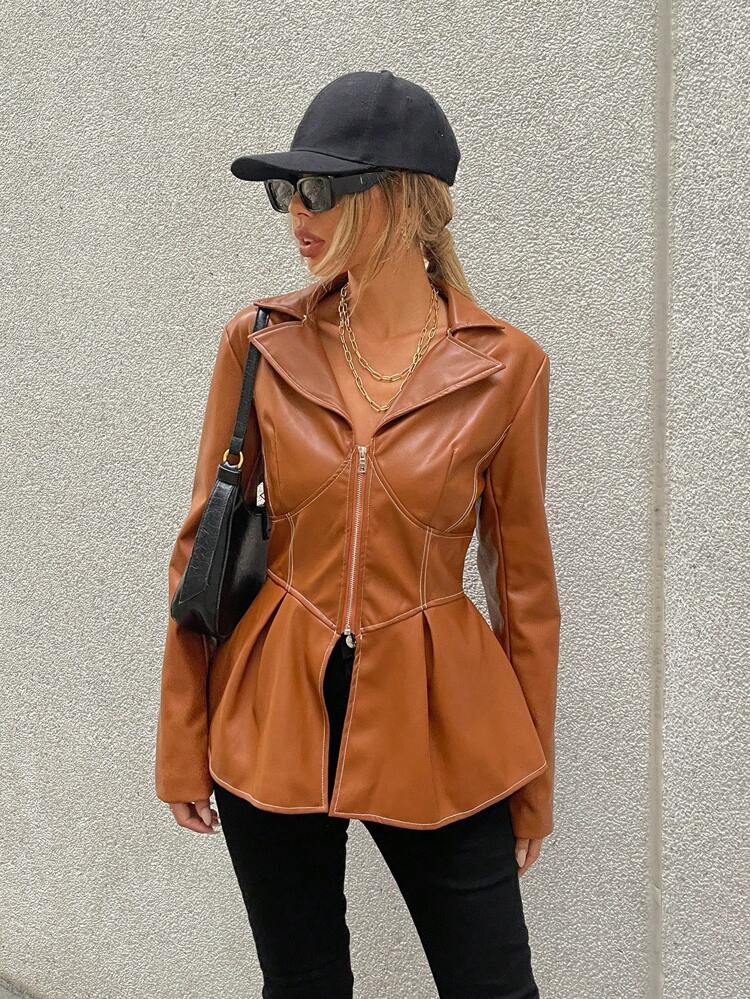 Zip Up Peplum PU Jacket Fall Cloth For Women
