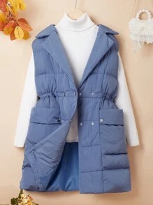 Tween Girl 1pc Lapel Neck Drawstring Waist Vest Coat,In Fall/Winter - Blue - View 2