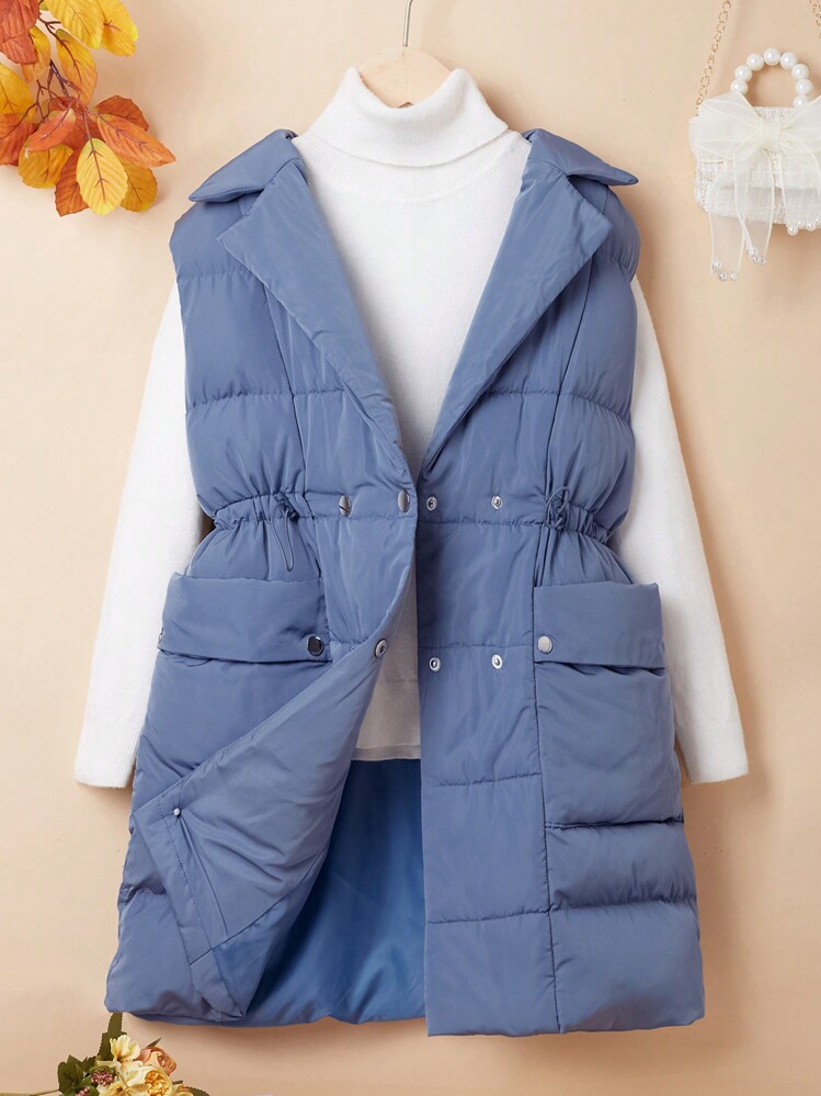 Tween Girl 1pc Lapel Neck Drawstring Waist Vest Coat,In Fall/Winter - Blue - View 2