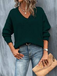 SHEIN LUNE 素色落肩袖V領套頭毛衣 - 墨綠色 - 查看 5
