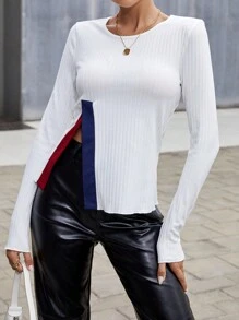 SHEIN Essnce 拼接面下擺開叉T恤 - 彩色 - 查看 4