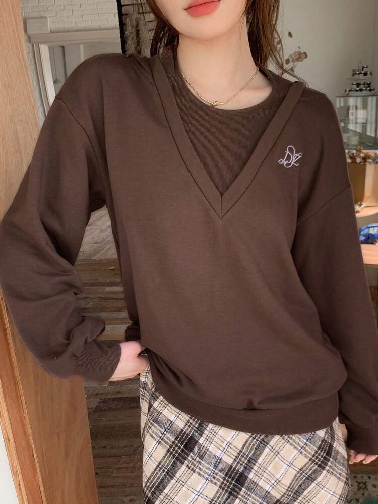 Letter Embroidery Drop Shoulder Hooded Sweatshirt,Fall Clothes