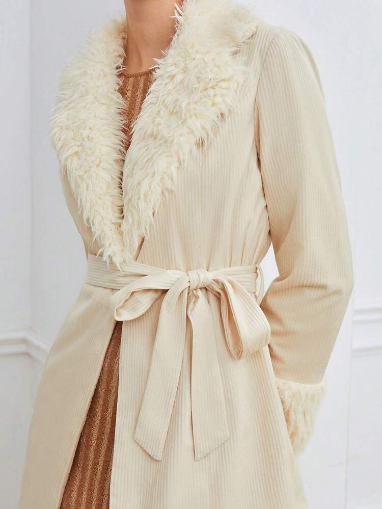 Fuzzy Collar Belted Coat In Fall/Winter