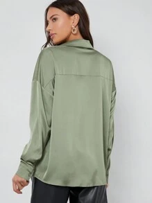 BizChic Single Breasted Solid Satin Blouse Workwear - Mint Green - View 2