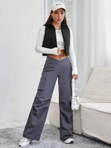 SHEIN PETITE Zip Up Crop Vest Padded Coat In Fall/Winter - Black - View 5