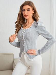 SHEIN Privé Guipure Lace Trim Gigot Sleeve Button Front Jacket - Grey - View 3