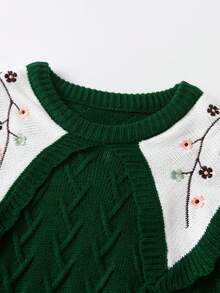 SHEIN Young Girl Floral Embroidery Statement Collar Sweater - Dark Green - View 3