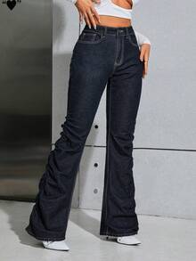 SHEIN ICON 高腰褶邊牛仔喇叭褲 - 藍色 - 查看 4