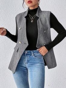 SHEIN Frenchy Women's Elegant Sleeveless Asymmetric Hem Double-Breasted Overcoat Winter - Dark Grey - View 5