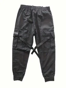 Men's Multi-Pocket Reflective Striped Decoration Cargo Pants, For Fall - Grey - View 2