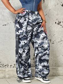 大碼迷彩印花側翻蓋口袋腰部抽繩工裝降落傘褲 - 彩色 - 查看 3