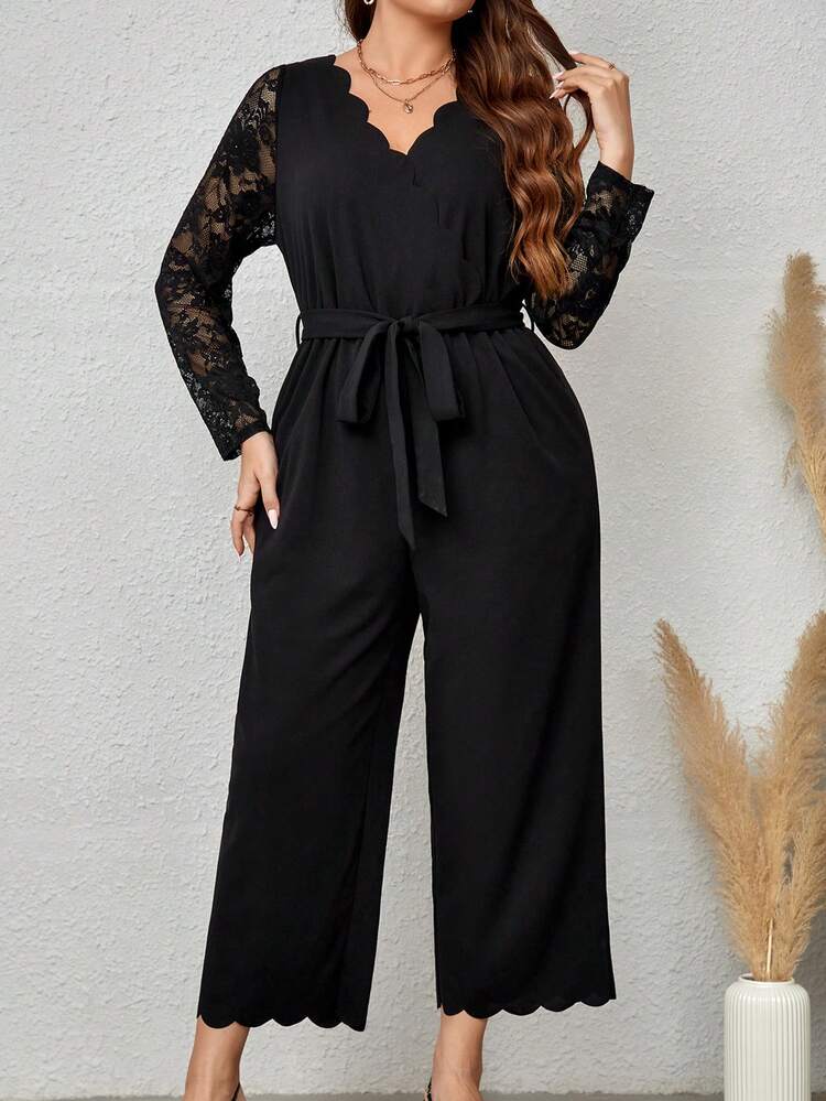 EMERY ROSE Plus Contrast Lace Scallop Trim Belted Wide Leg Jumpsuit - Black - View 4