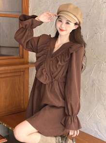 DAZY 素色荷葉邊荷葉袖荷葉邊圍裹細節洋裝 - 咖啡 - 查看 7