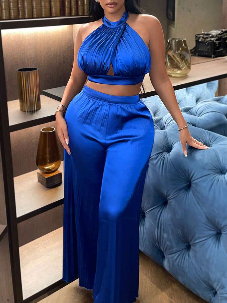 Slaydiva Chất rắn Áo hai dây & Quần ống rộng - Xanh đậm - Xem 1