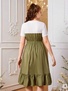 SHEIN Chica adolescente Vestido de dos tonos bajo con fruncido - Verde militar - Ver 2