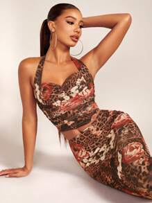 SHEIN BAE Leopard & Floral Print Pencil Skirt - Brown - View 6