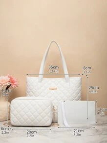 3pcs Quilted Metal Decor Shoulder Tote Bag Set, Best Work Bag For Women - White - View 5