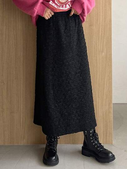 FRIFUL Solid Slant Pocket Split Back Skirt Fall,Winter