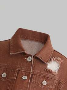 Young Boy Ripped Frayed Denim Jacket - Brown - View 4