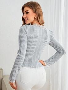 SHEIN Privé Guipure Lace Trim Gigot Sleeve Button Front Jacket - Grey - View 2