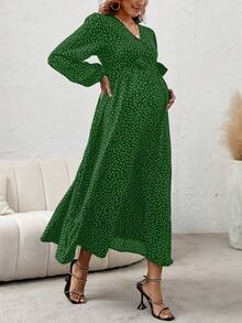 Maternity Polka Dot Print Lantern Sleeve Belted Dress - Multicolor - View 6