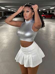 Slaydiva Mock Neck Crop Tank Top - Silver - View 4
