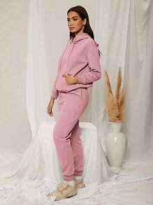 SHEIN SXY Drop Shoulder Drawstring Thermal Lined Hoodie & Sweatpants - Pink - View 3