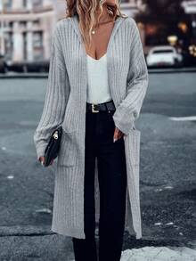 SHEIN LUNE 雙口袋落肩袖連帽開襟開衫 - 淺灰色 - 查看 5