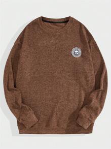 ROMWE MEN Street Life 男士字母貼布落肩袖運動衫 - 棕色 - 查看 1