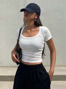 DAZY Camiseta corta de cuello de barco de un solo color para el verano - Blanco - Ver 7